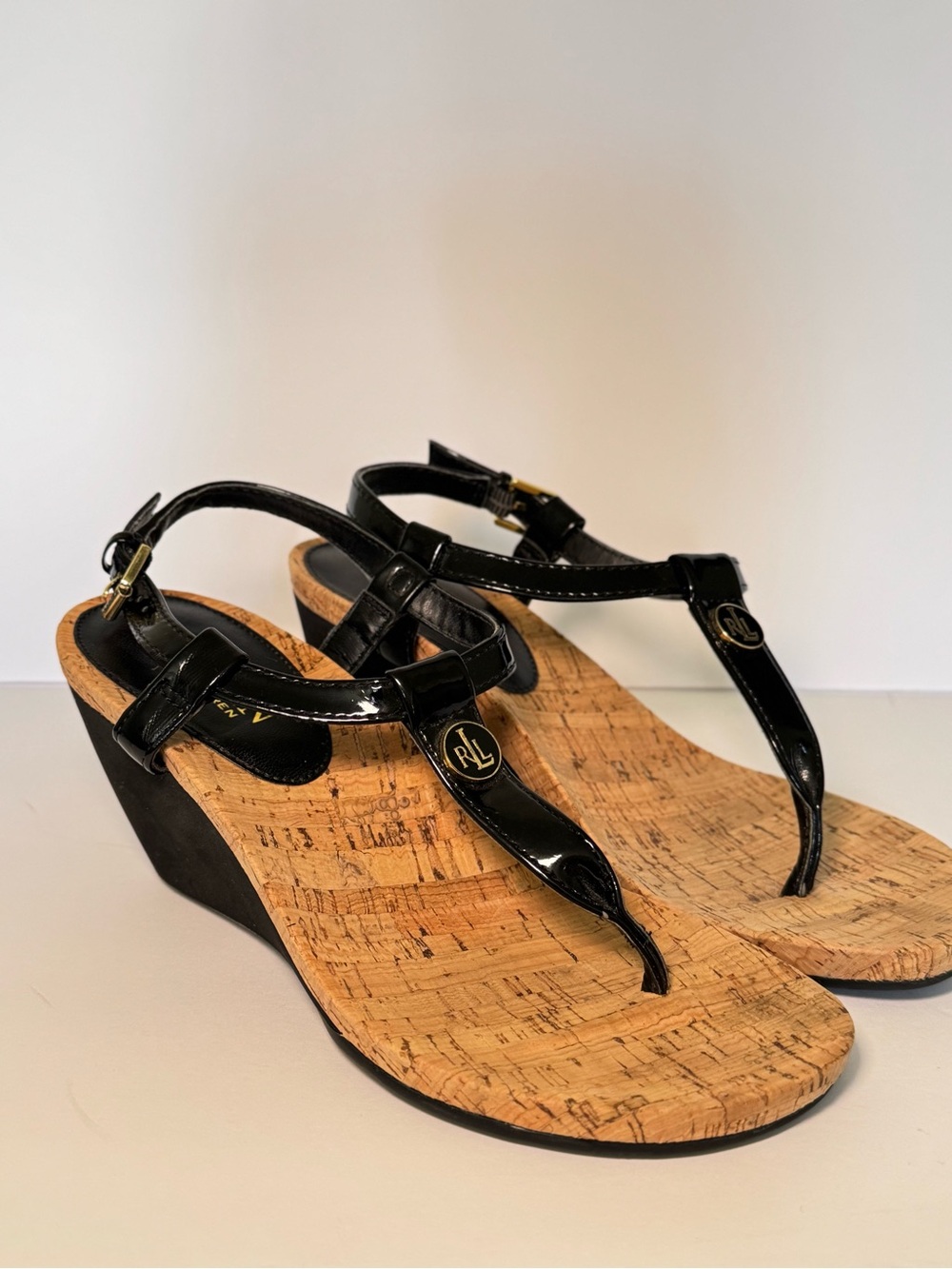 Lauren Ralph Lauren Black Patent Cork Wedge Thong Sandals